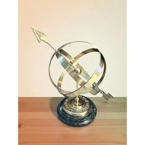 Vtg Brass Armillary Sphere Sundial Desk Sculpture Green Base Decorator Crafts